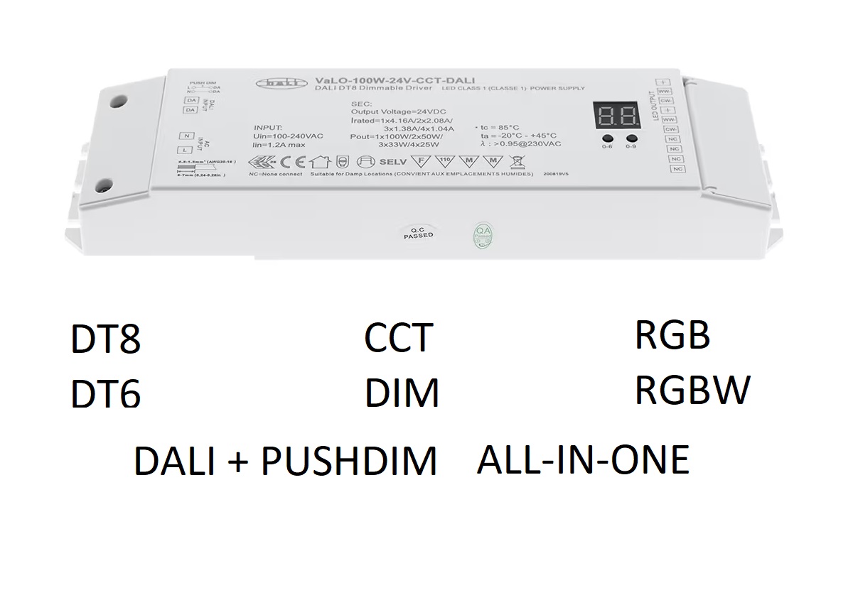 Tehokas valkoinen LED-ohjain, jossa kehittyneet DALI-ominaisuudet: DT8, CCT, RGB, DT6, DIM, RGBW sekä DALI+PUSHDIM. - LedStore Tehokas valkoinen LED-ohjain, jossa kehittyneet DALI-ominaisuudet: DT8, CCT, RGB, DT6, DIM, RGBW sekä DALI+PUSHDIM.