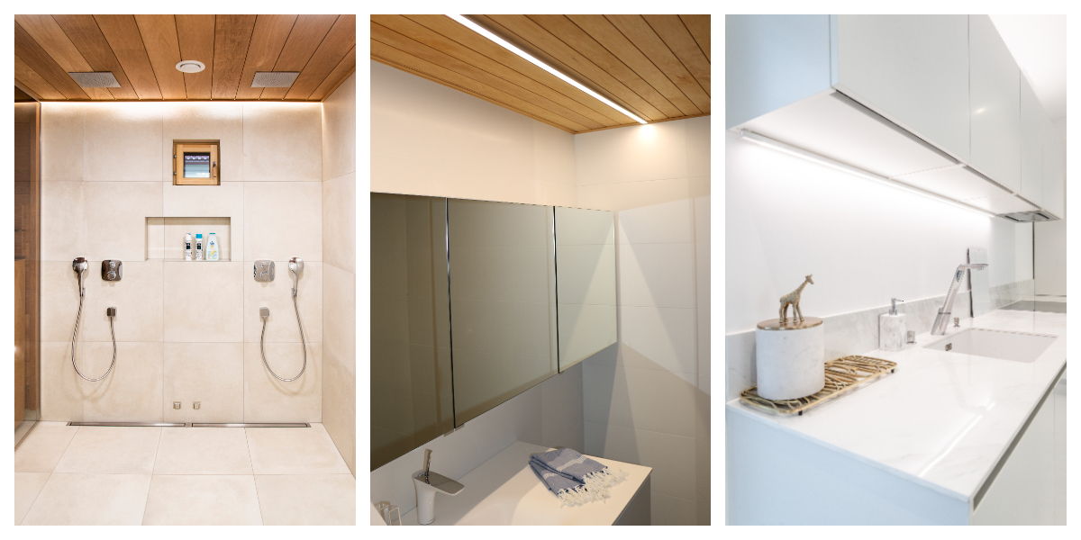 Kolme modernia kylpyhuoneen sisustusta: varustettu kylpyhuoneessa on yksinkertainen suihku, jossa on kaksi suihkupäätä ja upotetut LED-valot; kylpyhuoneeseen näyttää peili ja minimalistinen allas; kolmannessa on tyylikäs taso, jolla on hygieniatuotteita ja kirahviveistos. Kaikki valaistukset toteutettu LedStore.fi:n LED-ratkaisuilla.