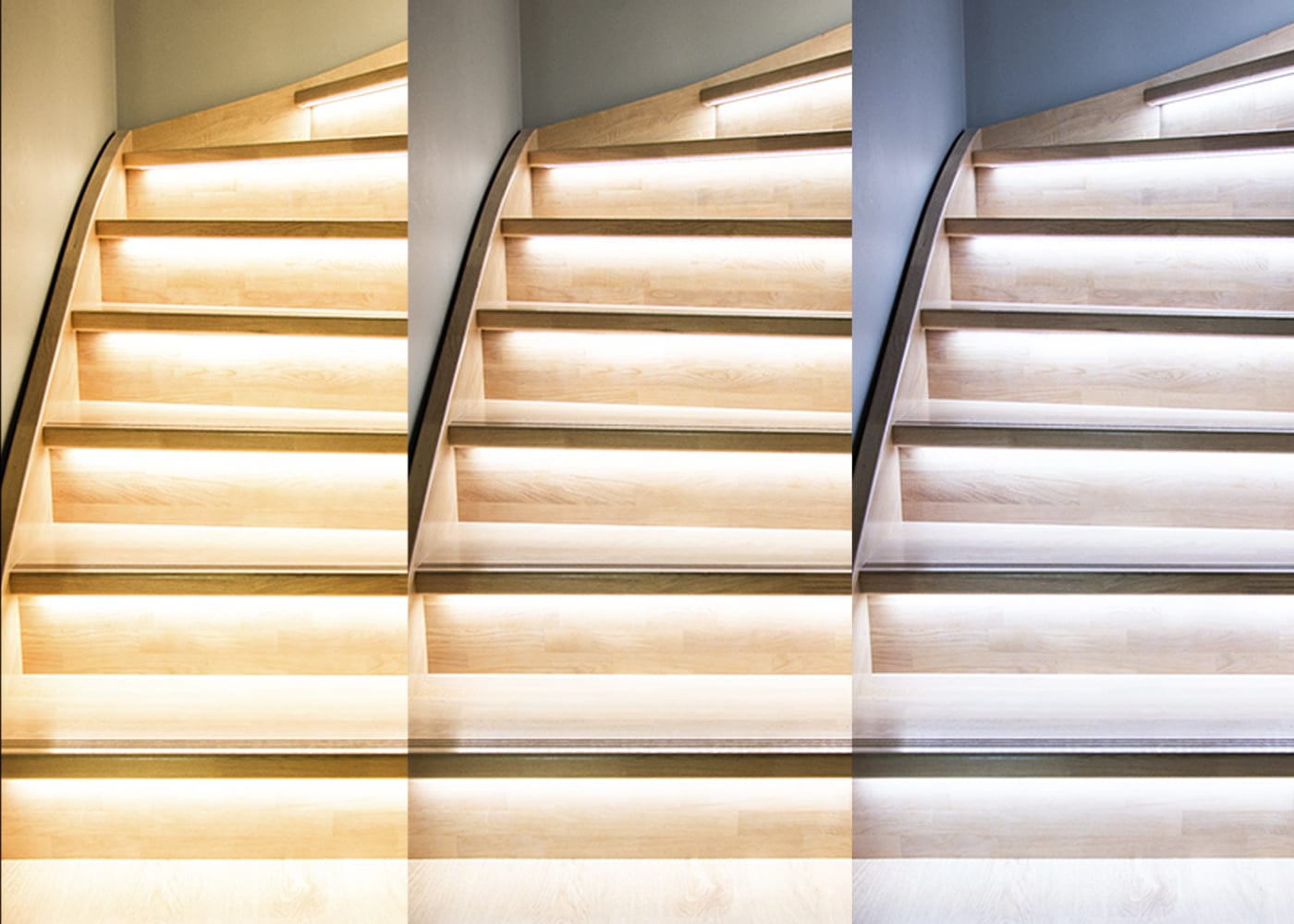 Puuportaiden vertailu sisäänrakennetuilla LED-valoilla, jotka korostavat eri voimakkuuksia, hämärästä kirkkaaseen. Lämmin hehku parantaa portaiden muotoilua.