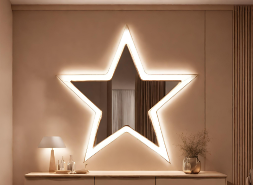 Beigen seinän kaunistaa LedStore.fi:n LED-reunuksilla valaistu tähtimäinen peili. Sen ala side on vaalea konsolipöytä, jonka päällä on lamppu, kaksi pientä pulloa sekä maljakko kuivista kasveista. Huoneen sisustus huokuu asianmukaisen neutraalia värimaailmaa.