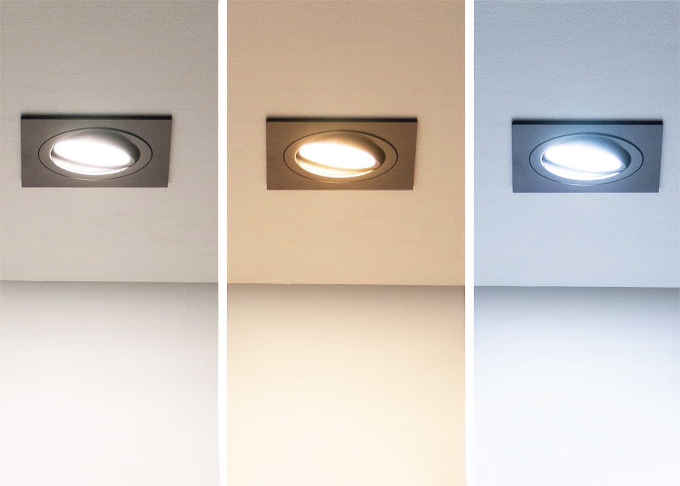 CCT spotit kollaasi LedStore.fi - LedStore Kolme LED-kattovaloa peräkkäin: lämmin valkoinen, neutraali valkoinen, viileät valkoiset sävyt valaisevat harmaata kattoa kauniisti. Täydellinen valaistuksen kontrasti.