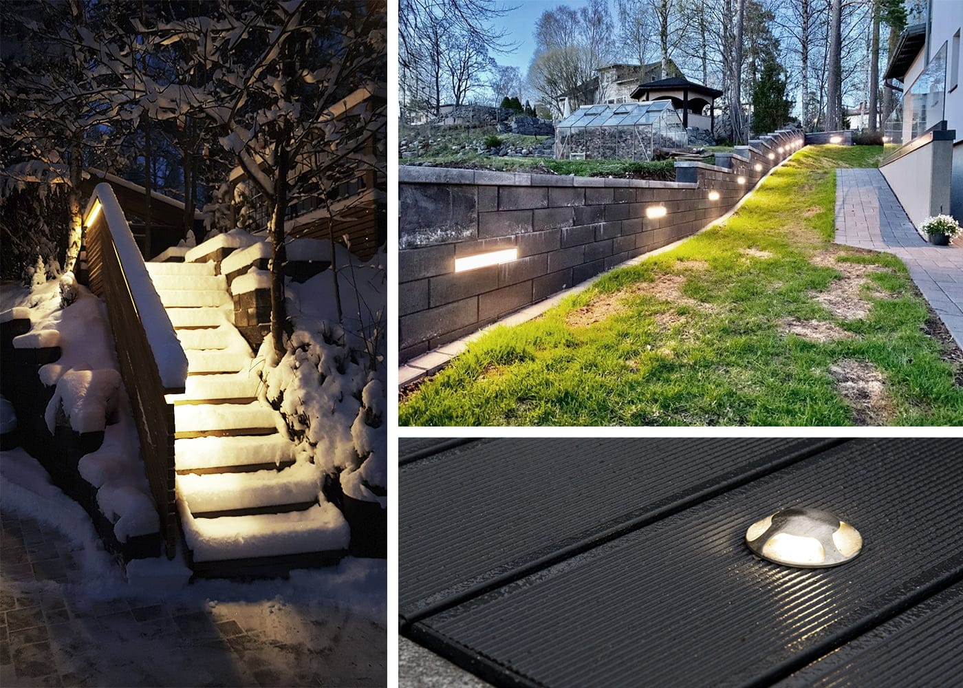 Ulkotilojen valaisussa toimii liike- ja hämäräkytkin - LedStore Yhdistelmäkuva LED-ulkovalaistuksesta: lumiset portaat, puutarhakäytävä ja kansivalo esittelevät energiatehokkaita valaistusratkaisuja.