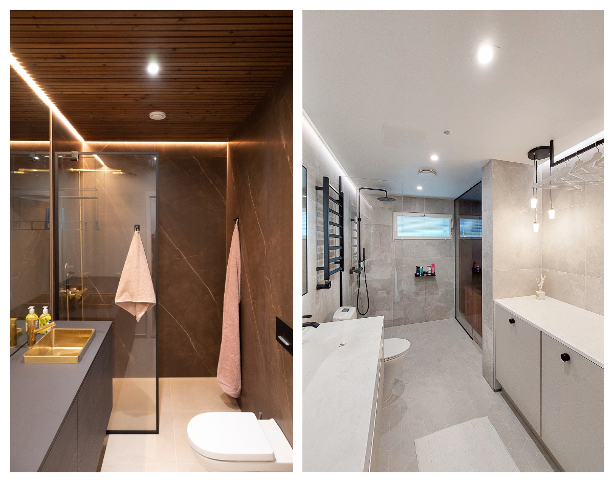Vierekkäin esitettynä: tumma moderni kylpyhuone ja vaalea minimalistinen kylpyhuone, molemmissa on lasisuihkut sekä tarkoituksen sijoitus LED-spotit, jotka korostavat tilojen erilaisia käyttötarkoituksia ja tunnelmia. - LedStore Led-valaisimet kylpyhuoneeseen