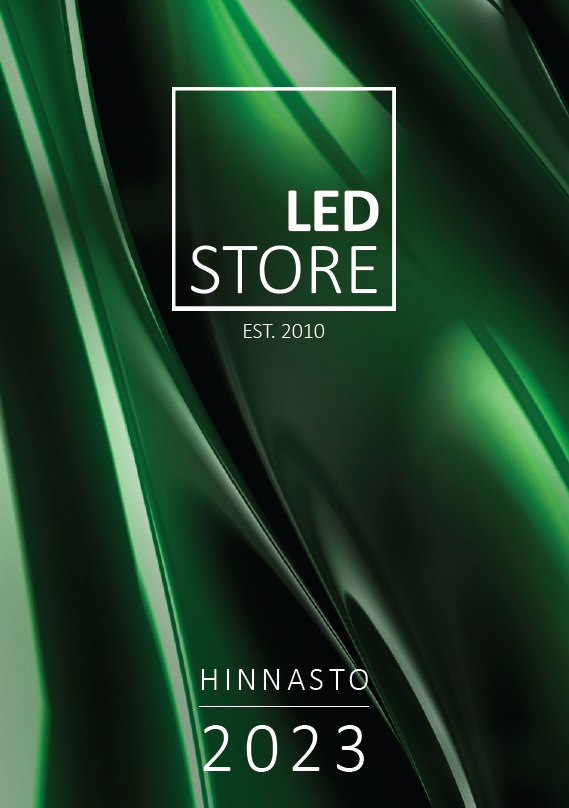 Kirkkaan vihreä abstrakti tausta esittelee tekstin "LED STORE, PER. 2010" valkoisessa kehyksessä. Sen alapuolella rohkeat valkoiset kirjaimet muodostavat sanat "HINNASTO" ja "2023," heijastaen LED-innovaatioiden ja moderniin muotoilun henkeä LedStore.fi-verkkokaupassa.