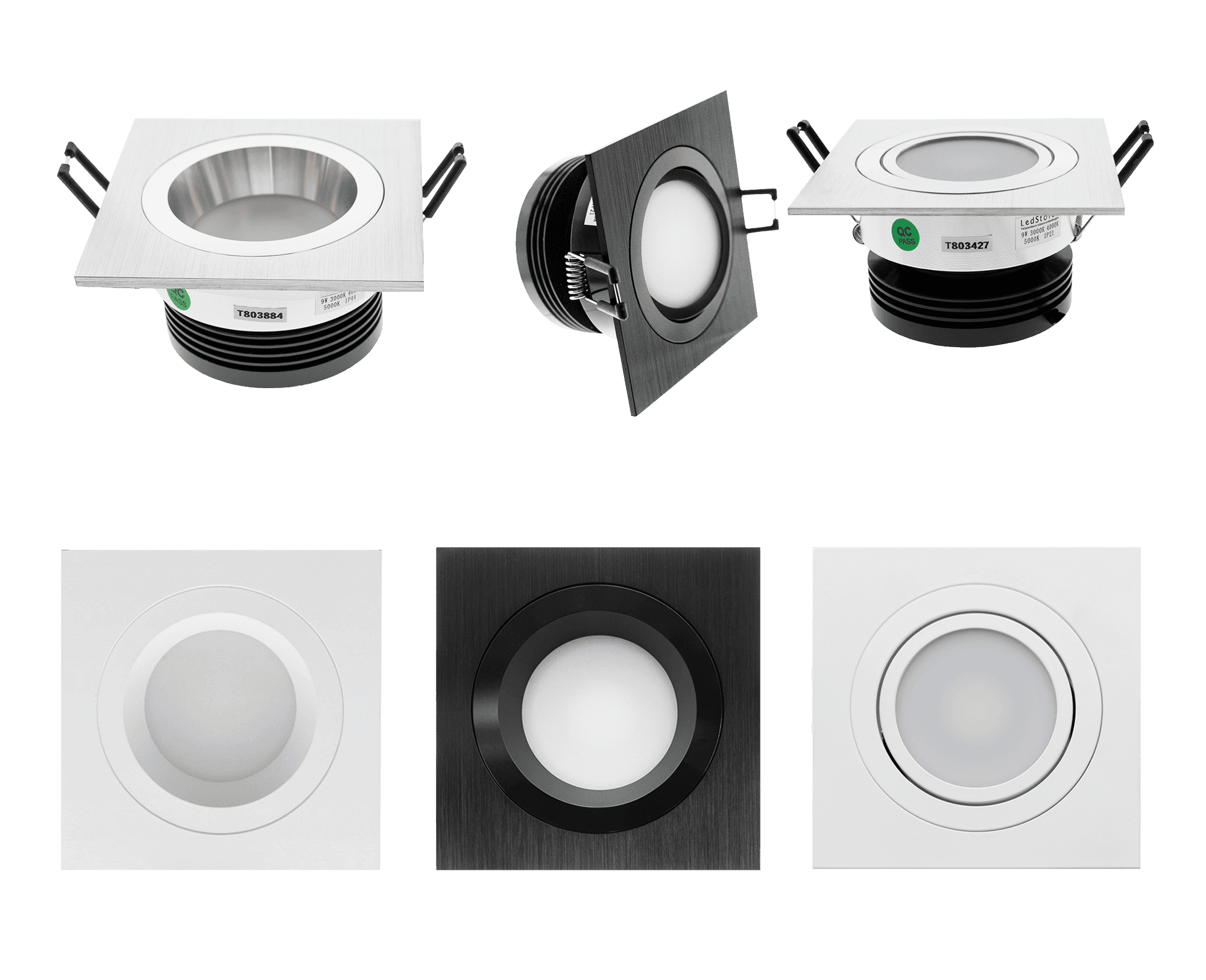 Näyttö, jossa on kuusi LED-alasvaloa: kolme neliön muotoista eri koristeluilla ja kolme pyöreää eri syvyyksillä ja kehyksillä, jotka esittelevät erilaisia LED-malleja.