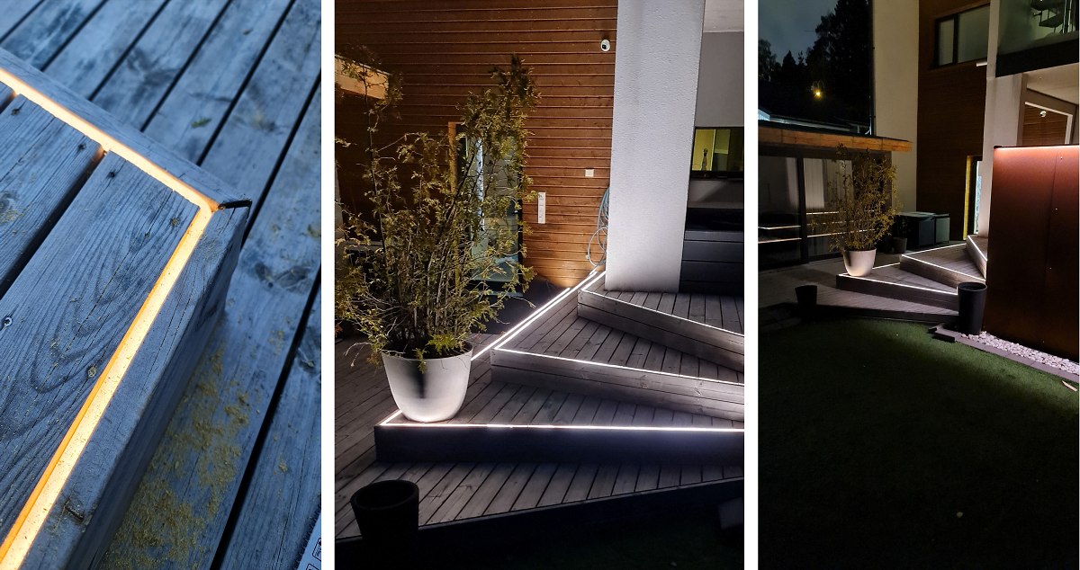 Three-part image of a modern patio at night.In the first image: Soft LED lighting from LedStore.fi runs along the edges of the wooden terrace.In the second image: Integrated stair lighting, surrounded by plants.In the third image: A wide view of the illuminated terrace area, showcasing modern architecture.